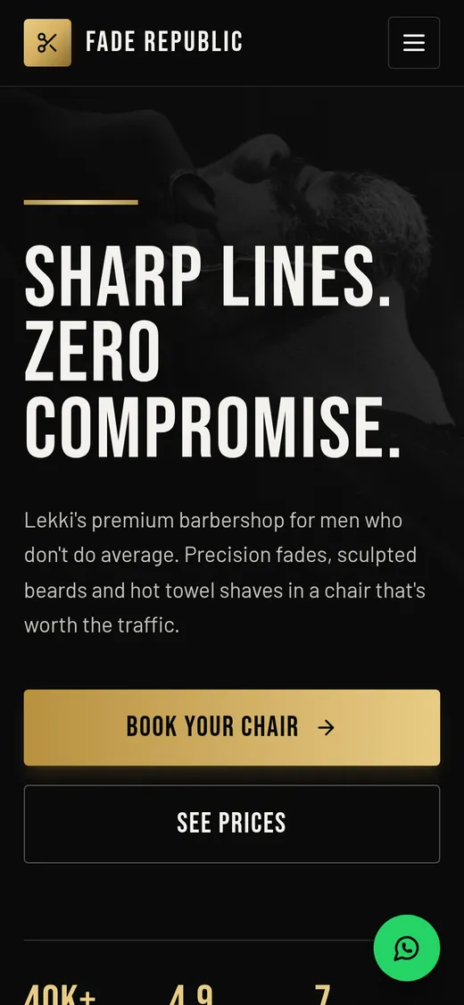 A barbershop website made with Buai, shown on a phone