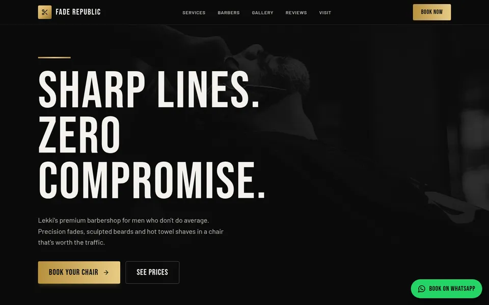 Home page of Fade Republic, a barbershop business website made with Buai