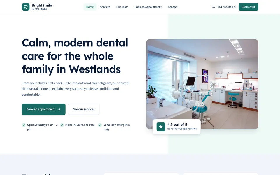 Home page of BrightSmile Dental Studio, a dental clinic business website made with Buai
