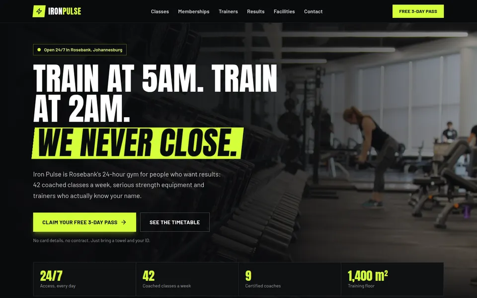 Home page of Iron Pulse Fitness, a gym business website made with Buai