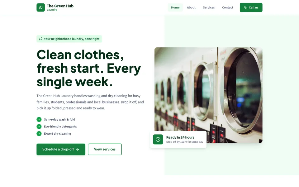Home page of The Green Hub Laundry, a laundry & dry cleaning business website made with Buai