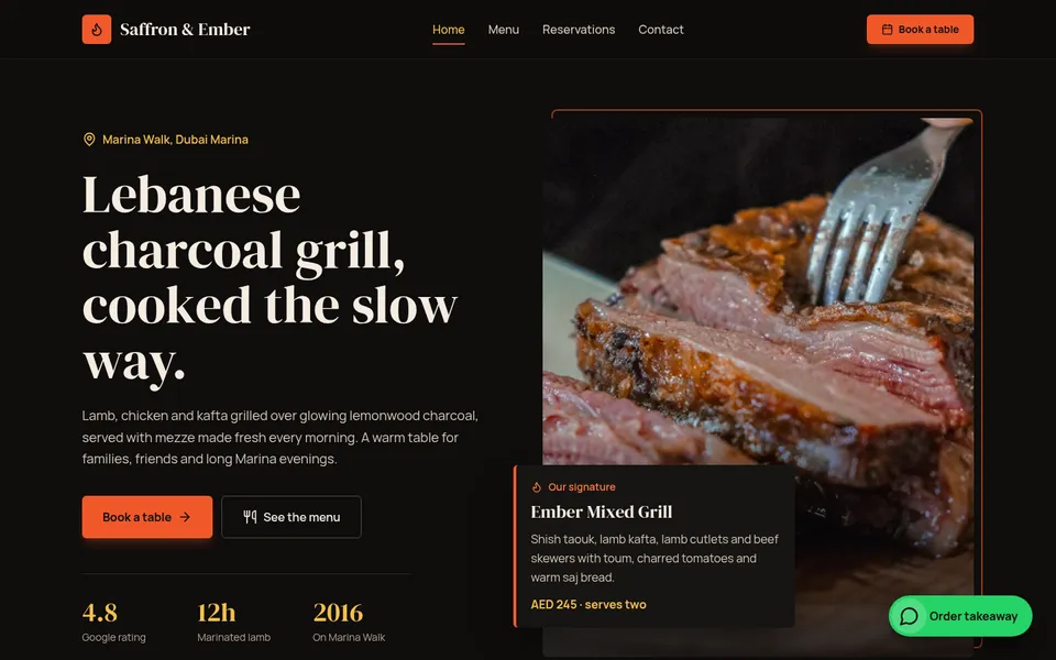 Home page of Saffron & Ember, a restaurant business website made with Buai