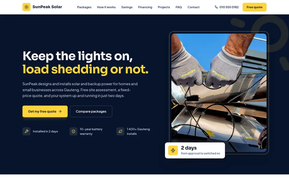 Home page of SunPeak Solar, a solar installer business website made with Buai